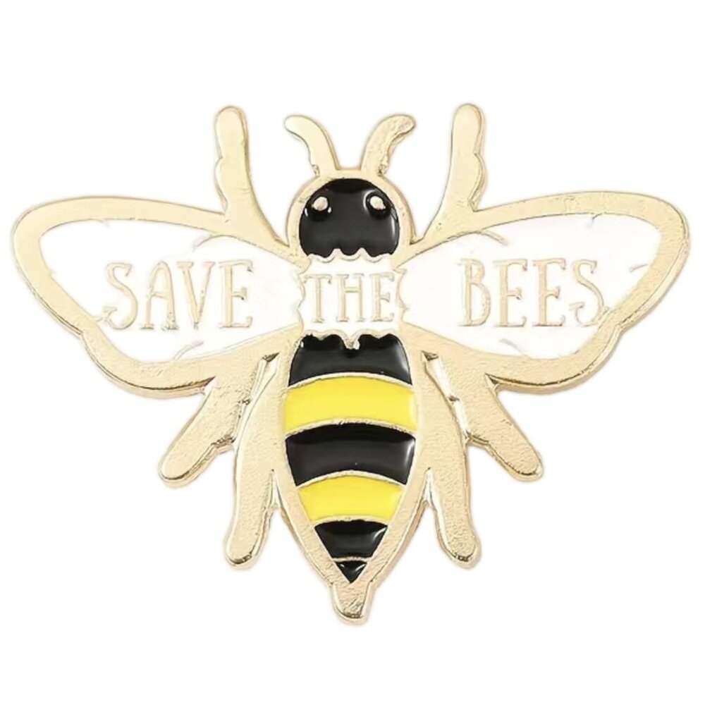Save the Bees Pin Brooch Gold Tone Yellow Black White enamel